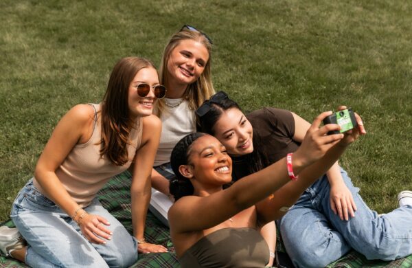 Group of girl friends taking a selfie on a disposable camera