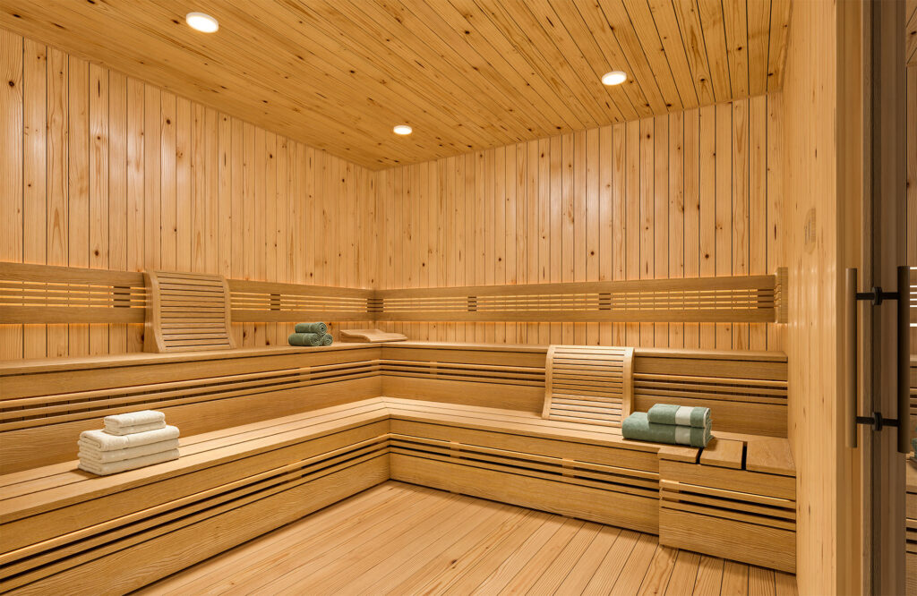 Interior of the sauna at Heyday Blacksburg