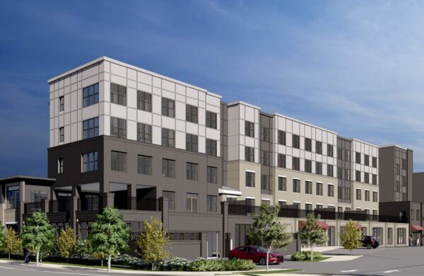 Rendering of Heyday Blacksburg apartment building and parking