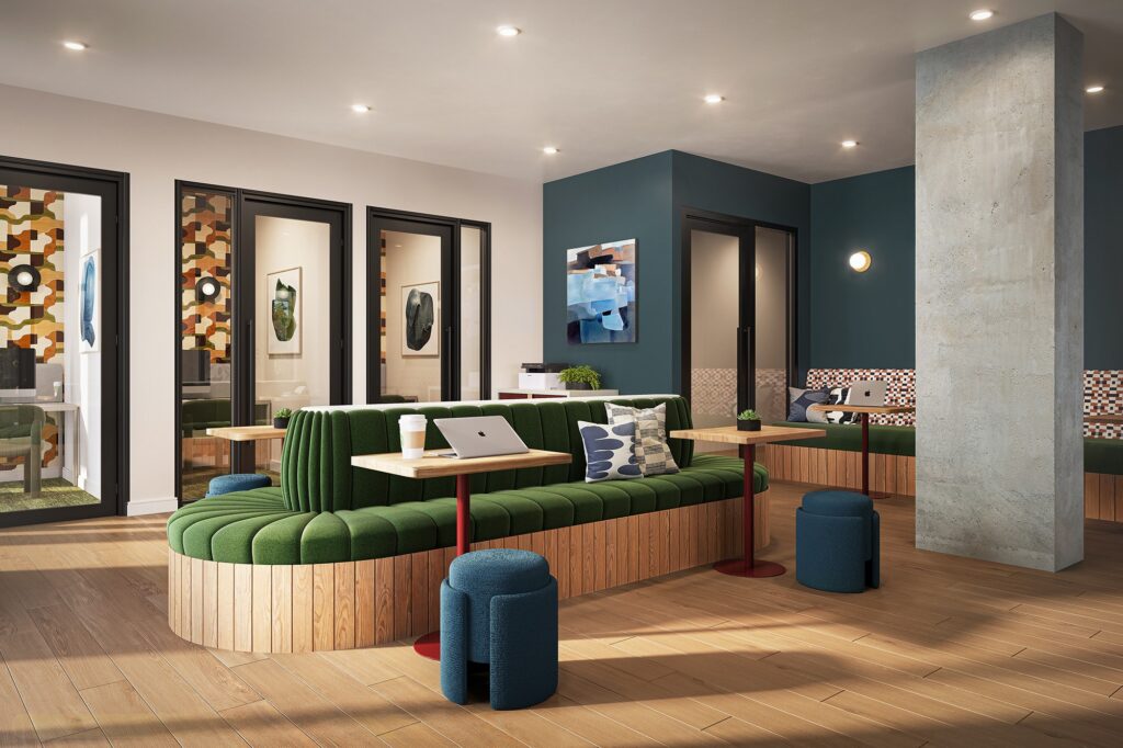 Rendering of co working space with private study rooms