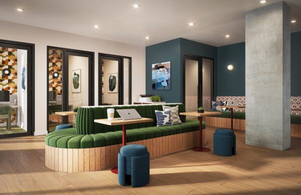 Rendering of co working space with private study rooms