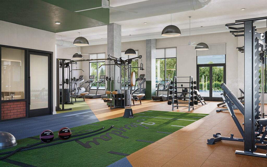Rendering of state of the art fitness center at Heyday Blacksburg