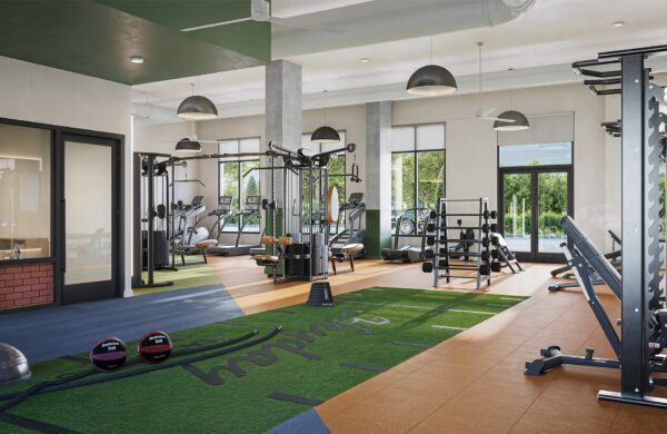 Rendering of state of the art fitness center at Heyday Blacksburg