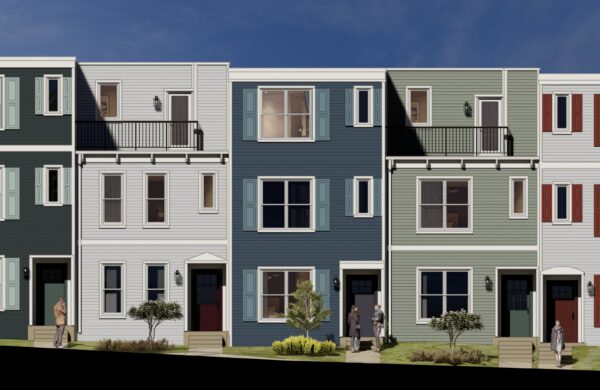 Rendering of townhomes with balconies and professional landscaping