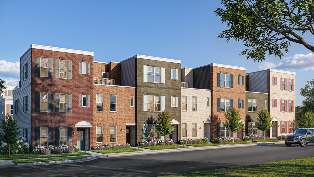 Rendering of townhomes with private upper level patios and professional landscaping