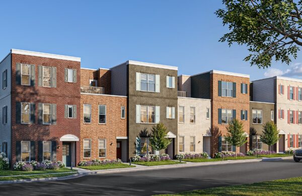 Rendering of townhomes with private upper level patios and professional landscaping
