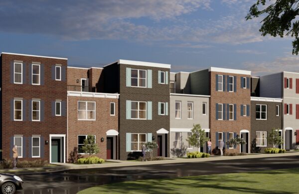 Rendering of townhomes with upper level patios at Heyday Blacksburg