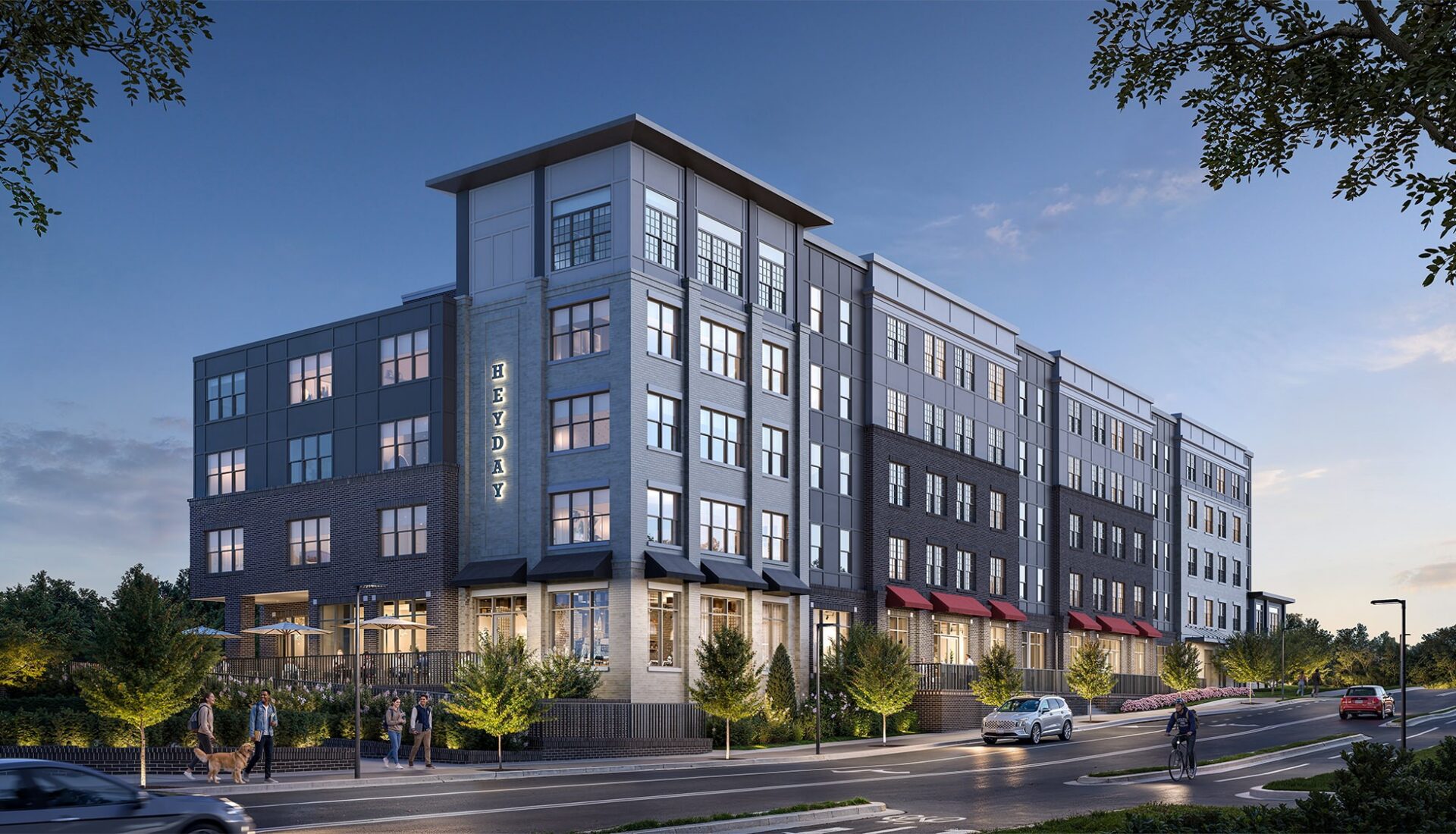 Street view rendering of Heyday Blacksburg at dusk