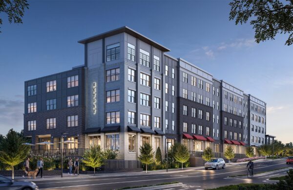 Street view rendering of Heyday Blacksburg at dusk