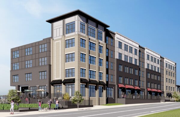 Street view rendering of Heyday Blacksburg with patio