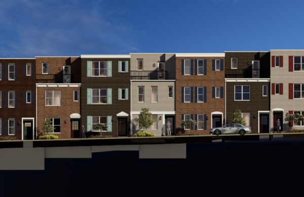 Street view rendering of townhomes at Heyday Blacksburg
