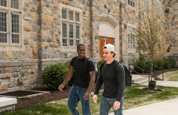 Two boys walking to class at Virginia Tech