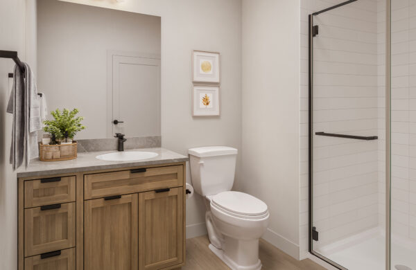 Rendering of a bathroom with tiled surround shower at Heyday Blacksburg