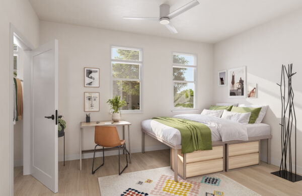 Rendering of a bedroom with ceiling fan under bed storage and a desk at Heyday Blacksburg