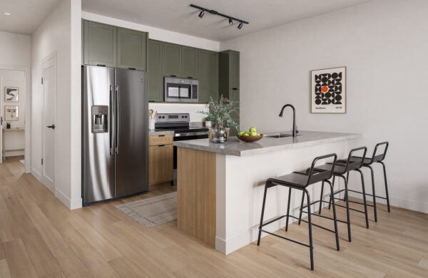 Rendering of a model kitchen with counter seating and stainless steel appliances
