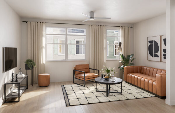 Rendering of a model unit living room at Heyday Blacksburg
